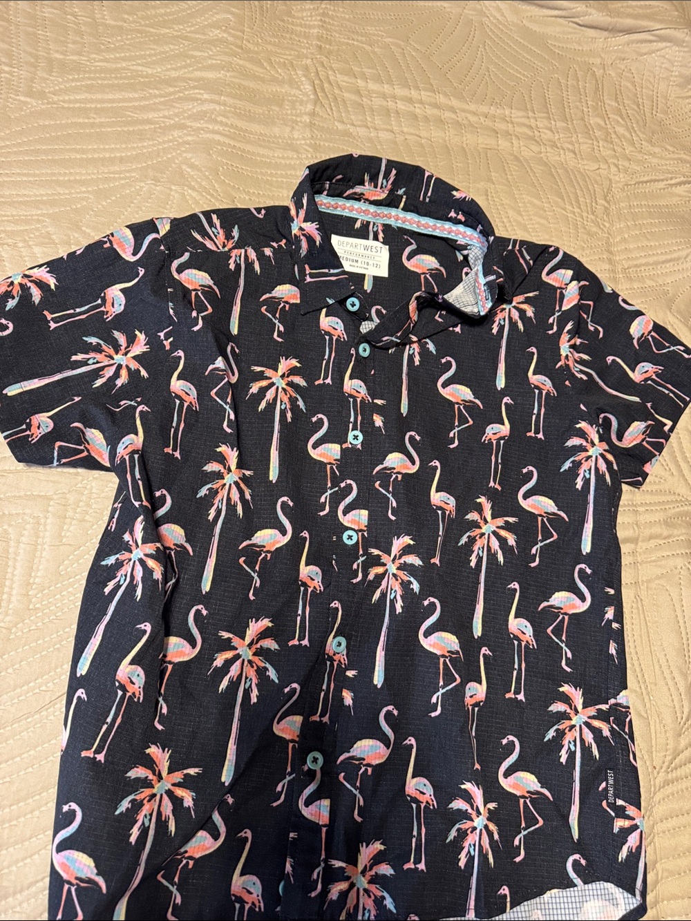 Departwest Kids Black Flamingo Print Button-Up Shirt size 10-12 Medium